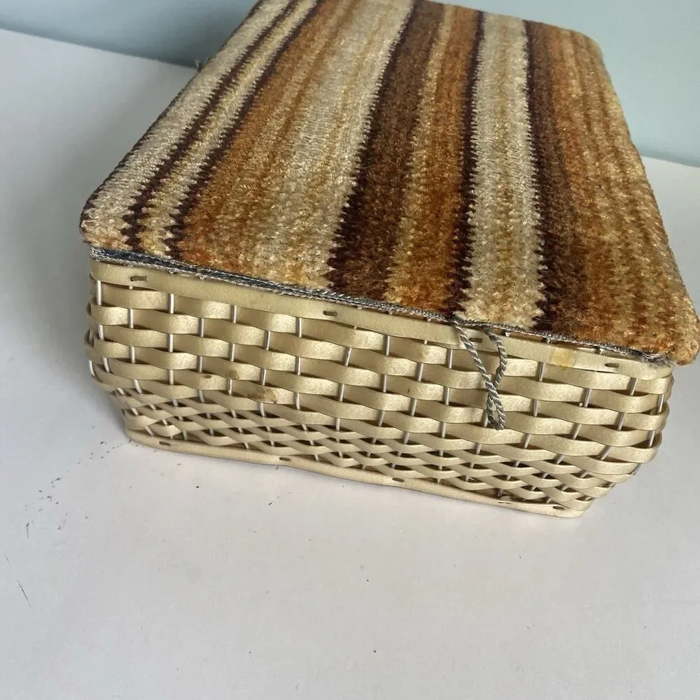 Vintage Woven Wicker  Sewing Basket Box W Carpet Tapestry Lid Wooden